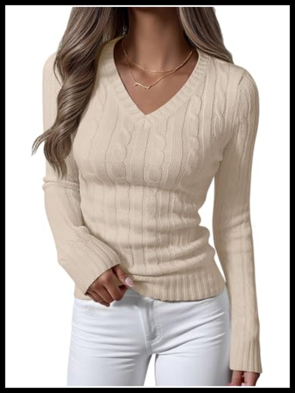 Cable Knit V Neck Long Sleeve Fitted Pullover Sweater Top